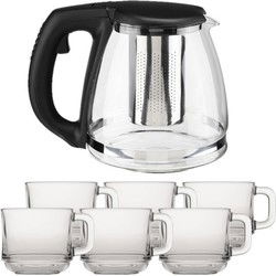 Glazen theepot met filter/infuser van 1,2 liter met 6x stuks theeglazen van 220 ml - Theepotten