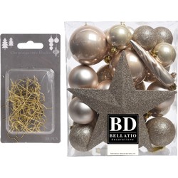 33x stuks kunststof kerstballen 5, 6 en 8 cm parel champagne inclusief ster piek en kerstbalhaakjes - Kerstbal