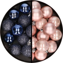 36x stuks kunststof kerstballen donkerblauw en lichtroze 3 en 4 cm - Kerstbal