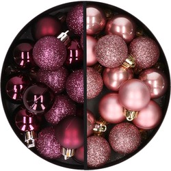 34x stuks kunststof kerstballen aubergine paars en oudroze 3 cm - Kerstbal