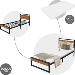 Metalen bed 90x200 cm zwart met lattenbodem en matras met houten hoofdbord en voeteneind ML design