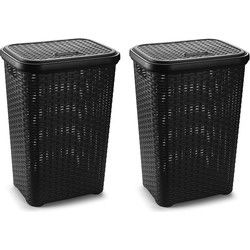 PlasticForte Wasmand met deksel - 2x stuks - 60L- zwart - 35x43x62 cm - Wasmanden