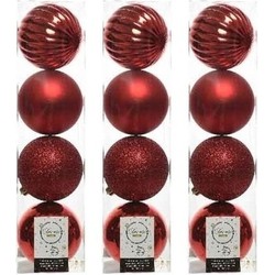 12x Kunststof kerstballen mix kerstrood 10 cm kerstboom versiering/decoratie - Kerstbal