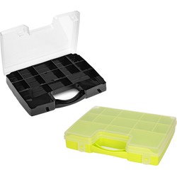 Forte Plastics - 4x Opberg vakjes doos/Sorteerbox - 13-vaks kunststof - 27 x 20 x 3 cm - zwart/groen - Opbergbox