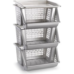 Plasticforte Opberg kratten/manden/organizers - 3 lagen/vakken - 39 x 32 x 62 cm - kunststof - zilver - Opbergmanden