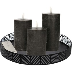 LED kaarsen - 3x st - zwart - met zwart rond dienblad 29,5 cm - LED kaarsen