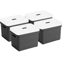 Set van 4x opbergboxen/opbergmanden zwart van 18 liter kunststof met transparante deksel - Opbergbox