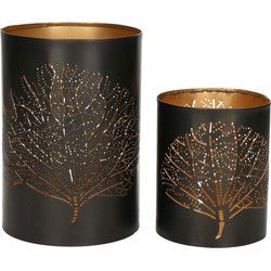 Windlichten set - Bamboe - 2x - zwart/goud - metaal - 10/15 cm - waxinelichthouder - Waxinelichtjeshouders