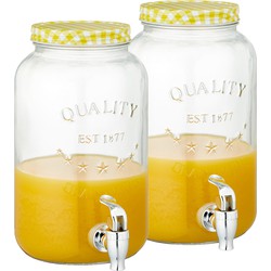 Set van 2x stuks glazen drankdispensers/limonadetap met geel/wit geblokte dop 3,5 liter - Drankdispensers