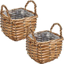 Set van 4x stuks bloempotten/plantenbakken riet/rotan mand met handvaten vierkant 15 x 15 x 14 cm - Plantenbakken