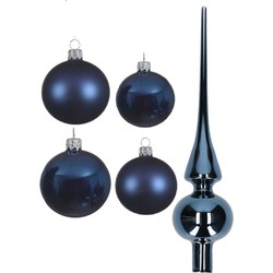 Glazen kerstballen pakket donkerblauw glans/mat 38x stuks 4 en 6 cm met piek glans - Kerstbal