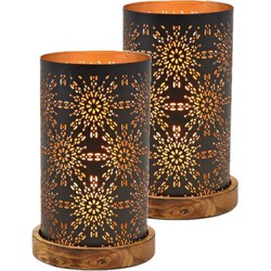 Set van 2x stuks metalen design windlicht/kaarsenhouder zwart/goud 13 x 22 cm - Waxinelichtjeshouders