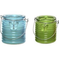 Citronella kaars - in windlicht - 2x - blauw en groen - 20 branduren - citrusgeur - geurkaarsen