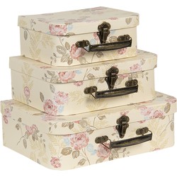 Clayre & Eef Decoratie koffer Set van 3  30x21x9/25x18x9/20x16x8 cm Beige Karton Rechthoek Bloemen Opbergkoffer