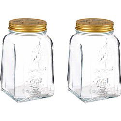 Voorraadpot/bewaarpot Square - 2x - glas - 1L - transparant/goud - D10 x H17 cm - voedsel - Voorraadpot