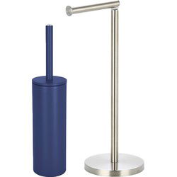 Spirella Badkamer accessoires set - WC-borstel/toiletrollen houder - donkerblauw/zilver - Badkameraccessoireset