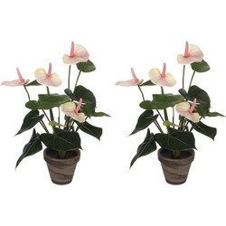 2x Kunstplanten anthurium lichtroze flamingoplant in pot 40 cm - Kunstplanten