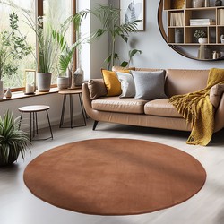 Sky Soft Uni Basic - Rond Vloerkleed - Laagpolig - Effen Kleur - Bruin - Woonkamer Tapijt - Anti-Slip Rug- 120 CM ROND