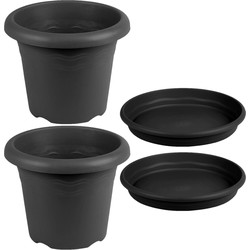 3x stuks ronde plantenpotten antraciet grijs met opvangschaal dia 16 cm - Plantenpotten