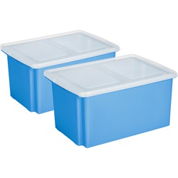 Sunware 2x opslagbox kunststof 51 liter blauw 59 x 39 x 29 cm met deksel - Opbergbox