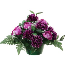 Louis Maes Kunstbloemen plantje in pot - kleuren paars - 25 cm - Bloemstuk ornament - ranonkels/asters met bladgroen - Kunstbloemen