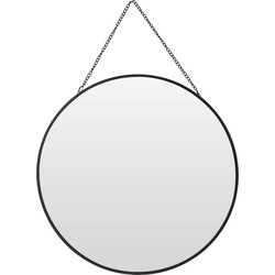 Spiegel/wandspiegel met ophangketting - rond - zwart - metaal - D29 cm - Spiegels