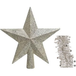 Kerstversiering kunststof glitter ster piek 19 cm en sterren slingers pakket champagne van 3x stuks - kerstboompieken