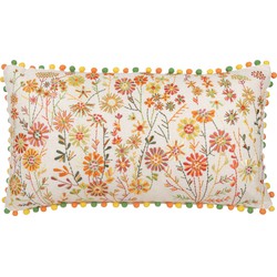 J-line - Kussen Rechthoek Bloemen+pompoms Katoen Wit/oranje - 65x35x15cm