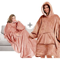 Geen merk VOORDEELSET - Hoodie Sherry 70x110 cm + Plaid met mouwen Giny 150x200 cm - Muted Clay - roze - Dutch Decor Limited Collection