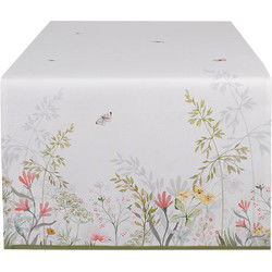 Clayre & Eef Tafelloper Wit Katoen Bloemen