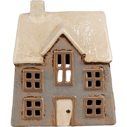 Clayre & Eef Waxinelichthouder Huis 15x10x17 cm Grijs Beige Keramiek Theelichthouder