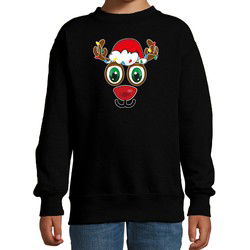 Bellatio Decorations kersttrui/sweater voor kinderen - Rudolf gezicht - rendier - zwart 7-8 jaar (122/128) - kerst truien kind