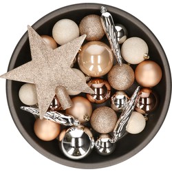 Set van 33x stuks kunststof kerstballen met ster piek bruin/wit/zilver mix - Kerstbal