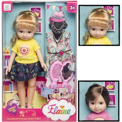 Speelgoed Pop "ELAINE" met extra Jurk en accessoires: kam & Spiegel - Tienerpop - Babypop - Pop voor Meisjes - Afm Doos: 22X36X9 Cm