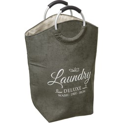 Decopatent® XL Wasmand 80L - Tekst Deluxe Laundry -> Wash Dry Iron - Waszak met handvat - Grote Badkamer Wasmand - Velours - Kaki