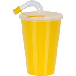 Juypal Drinkbeker met deksel en rietje - geel - kunststof - 450 ml - 12 x 9 cm - Drinkbekers