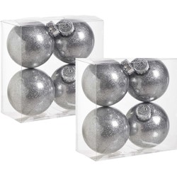 8x stuks kunststof kerstballen met glitter afwerking zilver 8 cm - Kerstbal