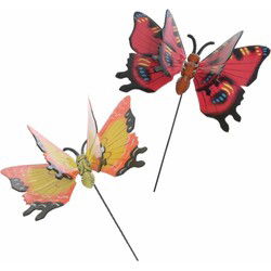 Vlinders - 2x - metaal 17 x 60 cm - rood/geel - tuinstekers - Tuinbeelden