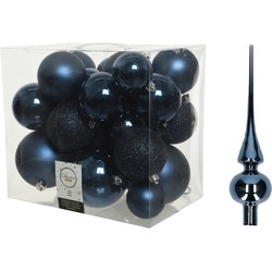 Kerstversiering kunststof kerstballen met piek donkerblauw 6-8-10 cm pakket van 27x stuks - Kerstbal