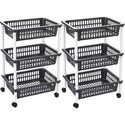 Plasticforte keukentrolley op wieltjes - Set van 2x stuks - 3 laags - zwart - kunststof - Opbergmanden