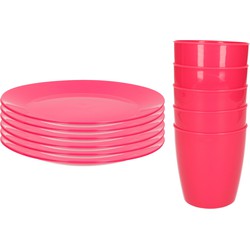 Kunststof ontbijt/diner 8x bordjes 26 cm en 10x bekertjes 300 ML set roze - Campingborden