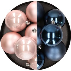12x stuks kunststof kerstballen 8 cm mix van lichtroze en donkerblauw - Kerstbal