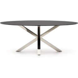 Kave Home - Argo ovale tafel in matzwart glas en roestvrijstalen poten Ø 200 x 100 cm