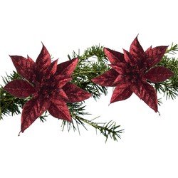 2x stuks kerstboom bloemen kerstster rood glitter op clip 15 cm - Kersthangers