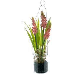 Muscari in glass pot w/hanger pink 18 cm kunstbloem