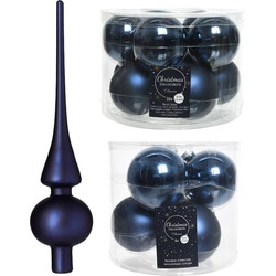 Glazen kerstballen pakket donkerblauw glans/mat 32x stuks inclusief piek mat - Kerstbal