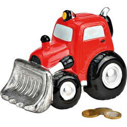 Spaarpot Tractor met schep van keramiek rood (B/H/D) 16x12x11cm