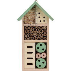 Insectenhotel huisje - groen dak - 13 x 9 x 26 cm - hout - bijenhuis - Insectenhotel
