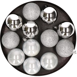 12x Kunststof kerstballen glanzend/mat zilver 6 cm kerstboom versiering/decoratie - Kerstbal