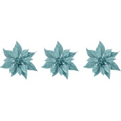 6x stuks decoratie bloemen kerstster ijsblauw glitter op clip 18 cm - Kunstbloemen